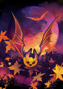 Cute Bat with Autumn Leaves and Moon