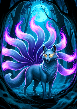 Nine-tailed fox in a dark forest