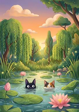 Cats in a Lily Pond in Forest
