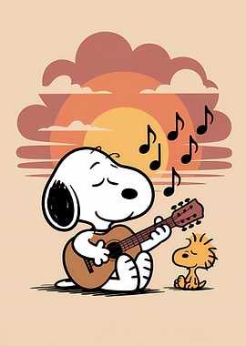 Snoopy playing guitar with Woodstock