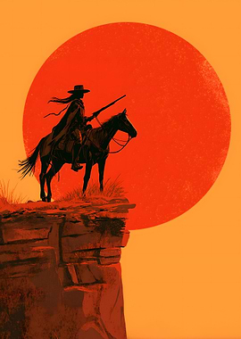 Western Rider Silhouette Against Red Sun
