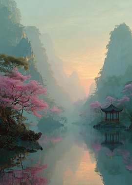 Serene Asian Landscape with Pagoda