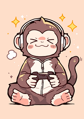 Cute Monkey Gamer Cartoon Illustration