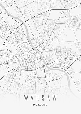 Warsaw, Poland - Minimal White City Map, Wall Art Print