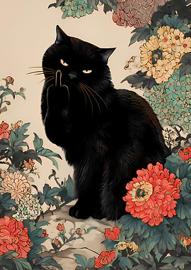 Ironic Grumpy Black Cat Flower Floral