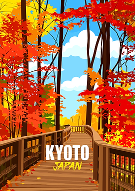 Kyoto Japan Autumn Landscape Illustration