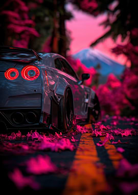 Nissan GTR in Cherry Blossom Scenery