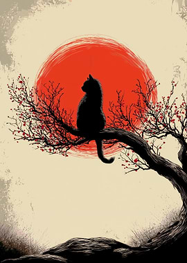 Japanese Black Cat under Red Sun