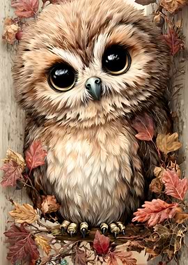 Cute Owl with Autumn Leaves