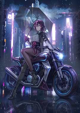 Anime Girl on Motorcycle in Rainy City