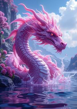 Pink Dragon Emerging from Water