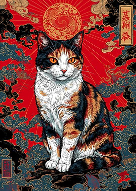 Calico Cat in Japanese Art Style