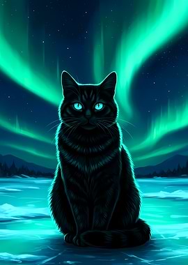 Black Cat Under Aurora Borealis