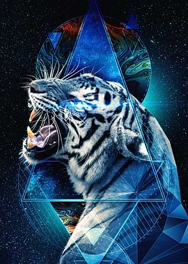 White Tiger Roar with Geometric Overlay