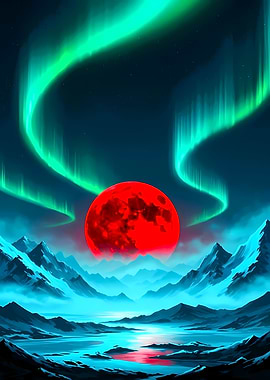 Red Moon over Snowy Mountains