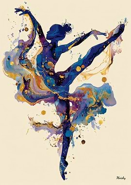 Fluid Ink Ballerina – Blue and Gold Abstract Dance Art