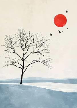 Minimalist Winter Landscape with Red Sun