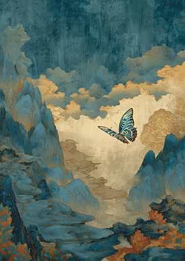 Butterfly over Mountain Landscape Art