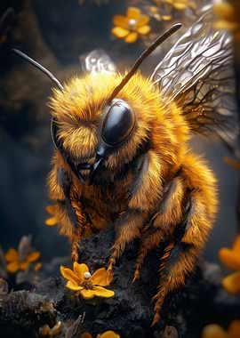 Detailed Bee Portrait with Yellow Flowers