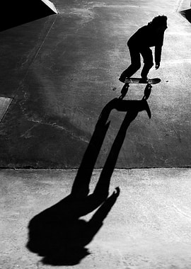 Skateboarder Silhouette on Concrete, Skateboard Shadow – Black and White Urban Photography Wall Art