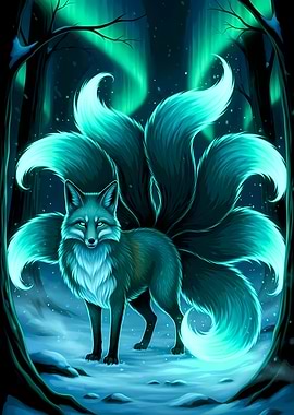 Nine-tailed Fox in Aurora Forest