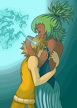 Anime Couple Embracing with Water Magic