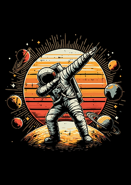 Dabbing Astronaut Poster, Retro Space Wall Art, Funny Cosmic Illustration Print