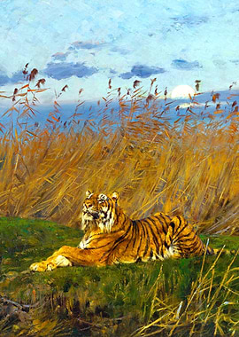 Tiger Among Rushes in the Moonlight