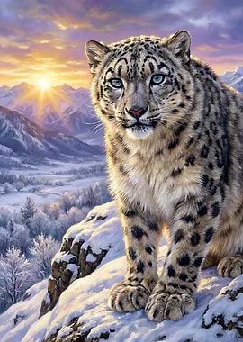 Snow Leopard Portrait in Winter Landscape