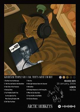 Cat listening to Arctic Monkeys album