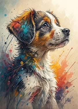 Watercolor Dog Portrait with Colorful Splatters