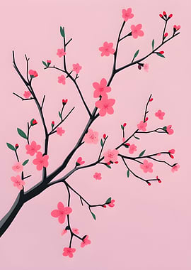 Cherry Blossom Branch on Pink Background