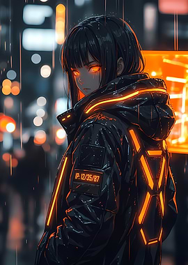 Cyberpunk Girl in Rainy Cityscape