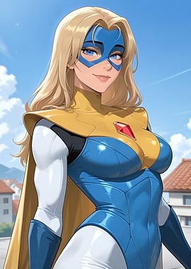 Blonde Superheroine with Blue Mask