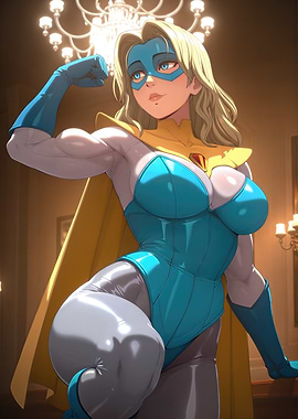 Blonde Superheroine Flexing in Ornate Room