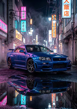 Blue Nissan Skyline in Neon Cityscape