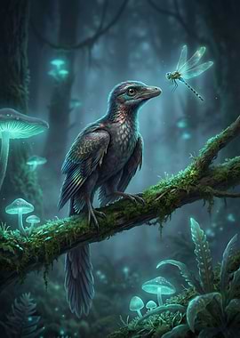 Archaeopteryx and Dragonfly in Enchanted Forest