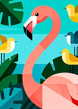 Geometric Flamingo and Birds Illustration