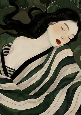 Sleeping Japanese Woman with Striped Blanket