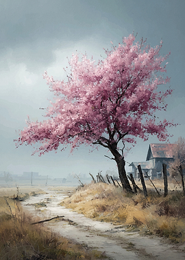 Pink Blossom Tree Rural Landscape Painting