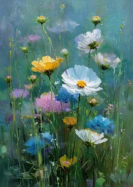 Floral Painting: Colorful Cosmos Flowers