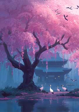 Cherry Blossom Tree and Japanese Temple