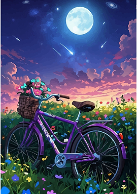 Purple bicycle in a flower field