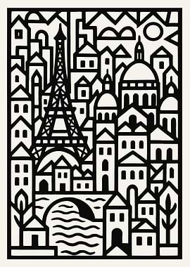 Paris Cityscape Black and White Illustration