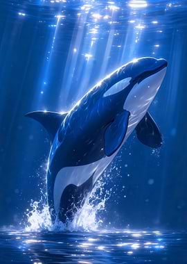 Orca breaching in blue ocean waters