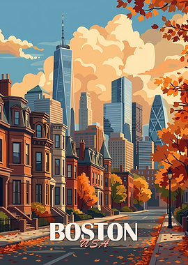 Boston USA Autumn Cityscape Illustration