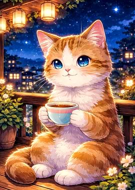 Cute Cat with Coffee at Night