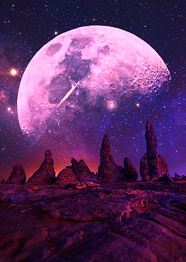 Pink Moon over Alien Landscape