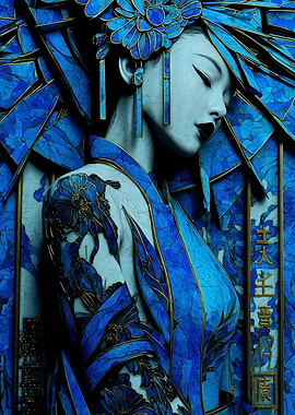 Blue Geisha Portrait with Floral Ornamentation