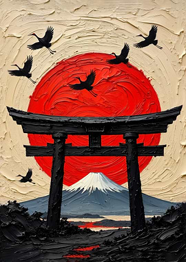 Japanese Landscape with Cranes and Torii Gate